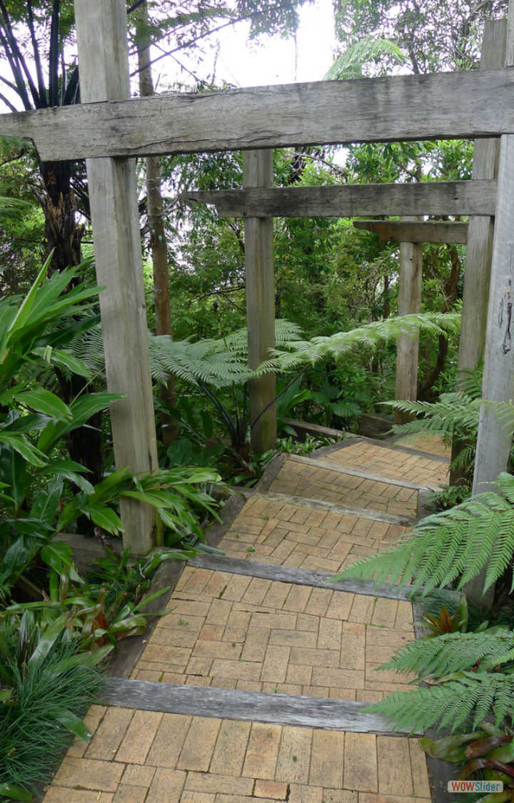 Hardwood and brick steps with pergola